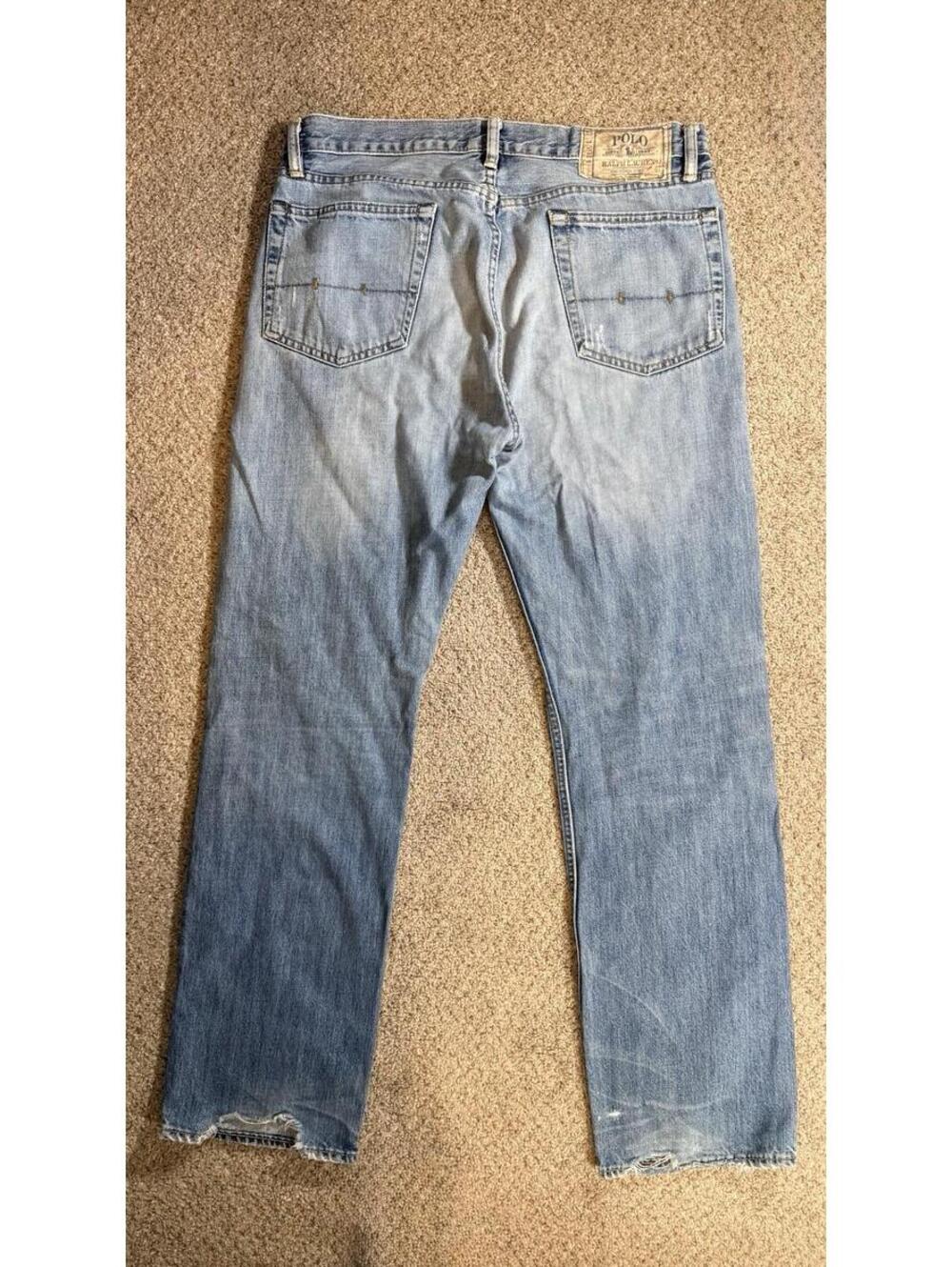 VTG Polo Ralph Lauren 15941 Distressed Light Wash Orange Bar Jeans Size 33x32